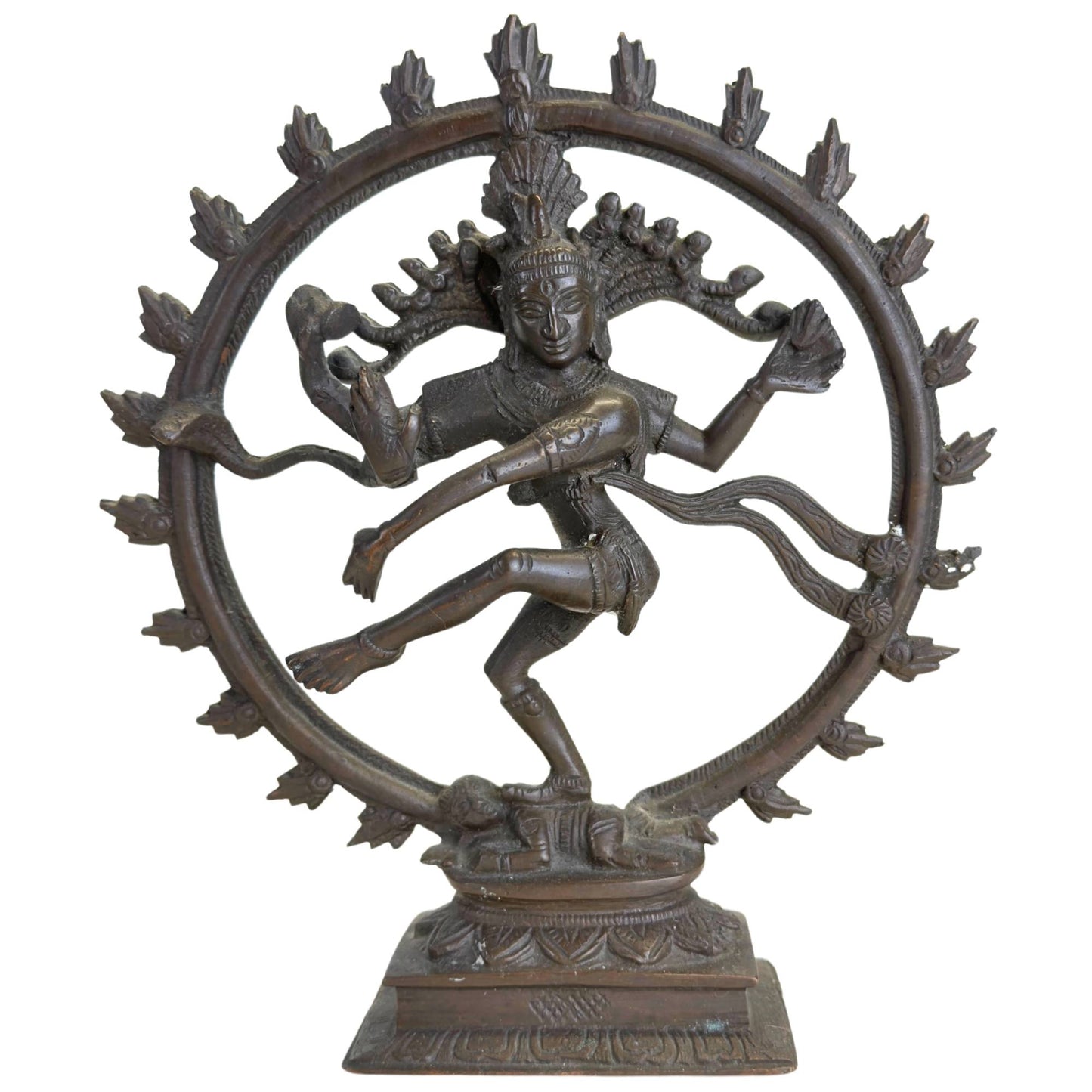 Solid bronze Shiva Nataraja statue with cosmic flame halo and classic Ananda Tandava pose from India