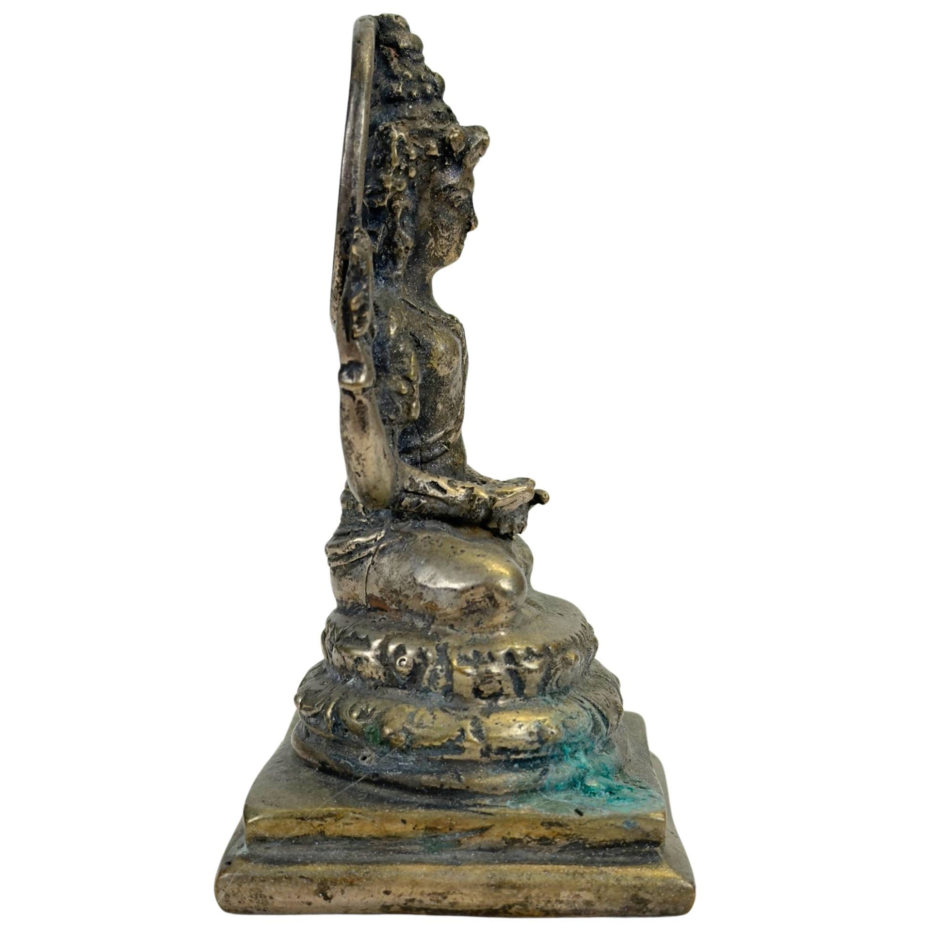 Solid cast bronze Vishnu in Javanese style with dark patina and silver-grey metallic sheen