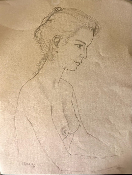 Volledig aanzicht van de originele potloodtekening Jeune fille aux seins nus door Maurice Stoppani.
