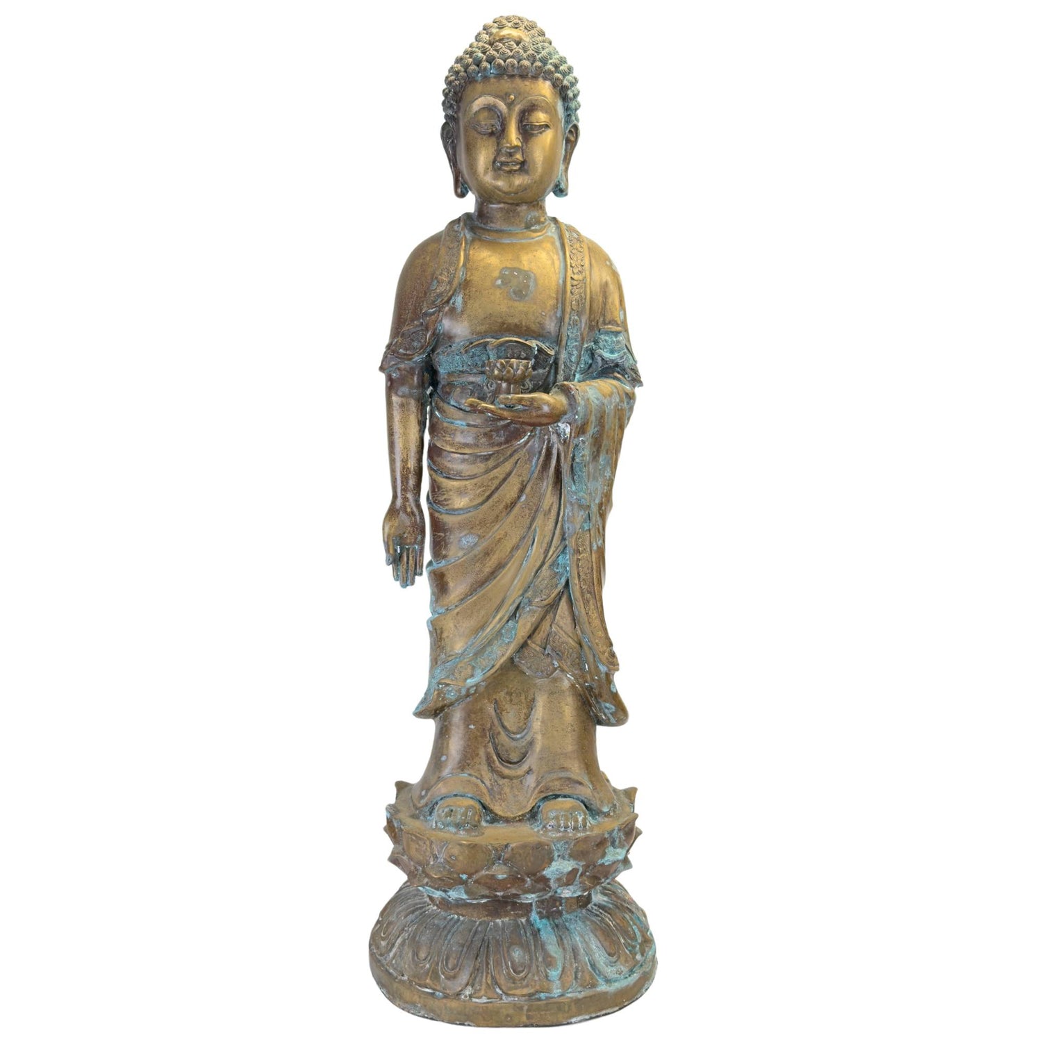 Bouddha de la Médecine en bronze debout, provenant de Chine, avec une patine naturelle, assis sur un trône de lotus.
