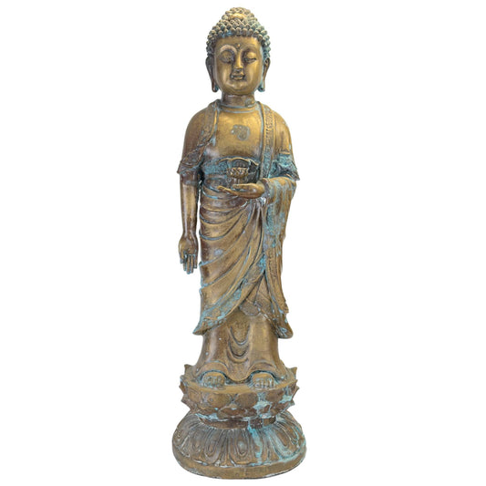 Bouddha de la Médecine en bronze debout, provenant de Chine, avec une patine naturelle, assis sur un trône de lotus.