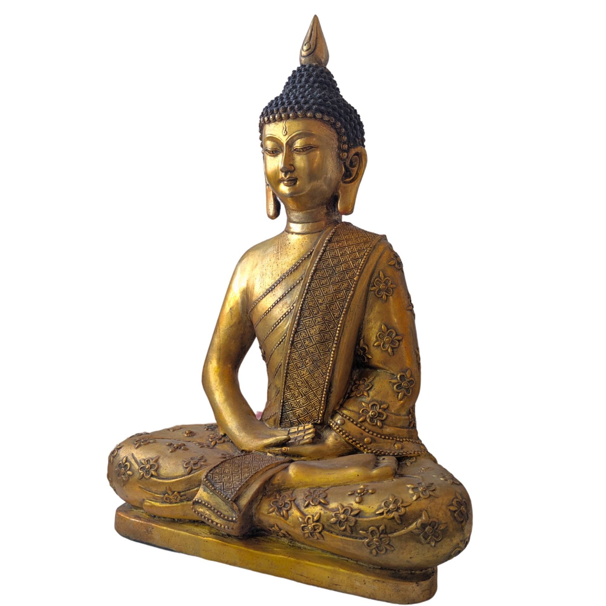 Classic Tibetan Buddha in a meditative sitting posture focusing on the Mudra gesture of inner peace.