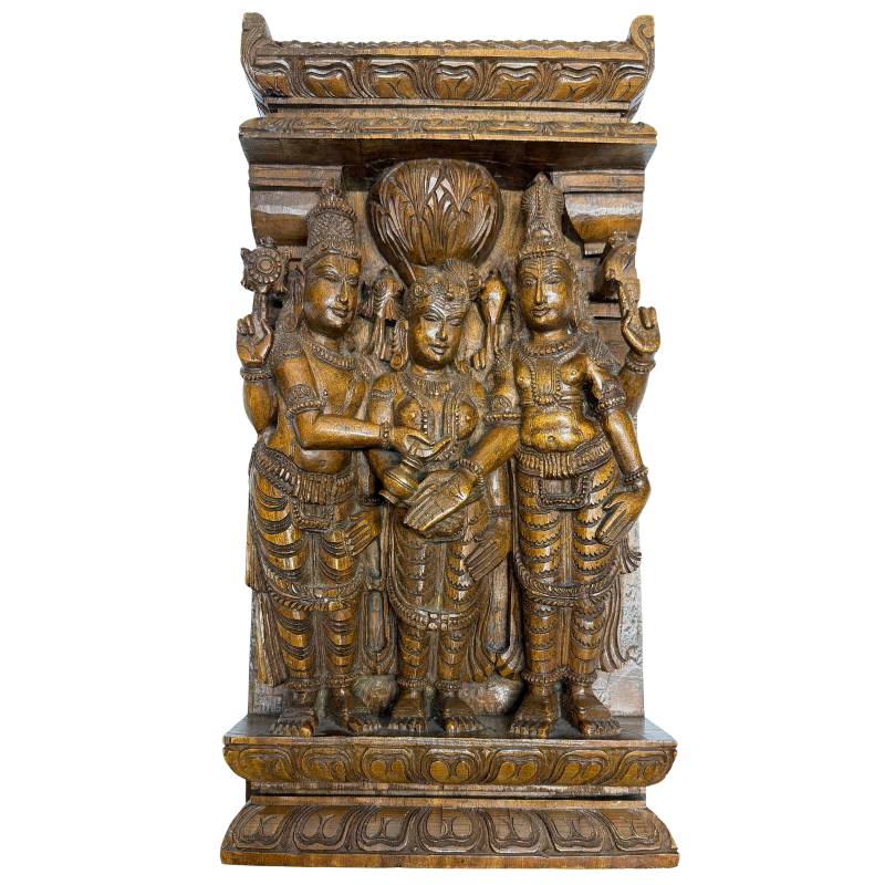 Wooden temple relief with Meenakshi and Shiva from Madurai, South India, ca. 1920–1940
