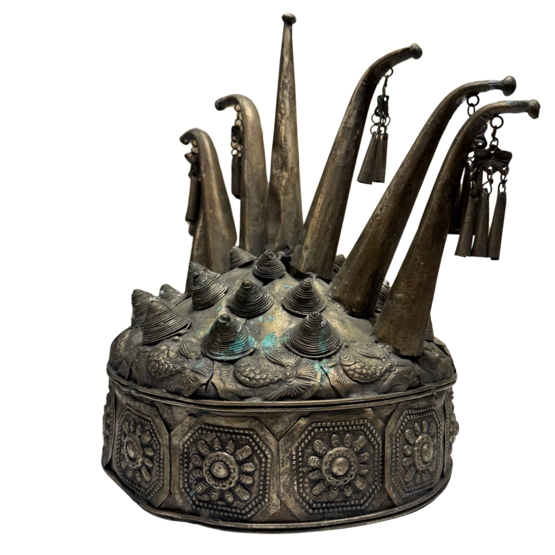 Miao crown with repoussé fish motifs, antique handmade metal head ornament with deep age patina
