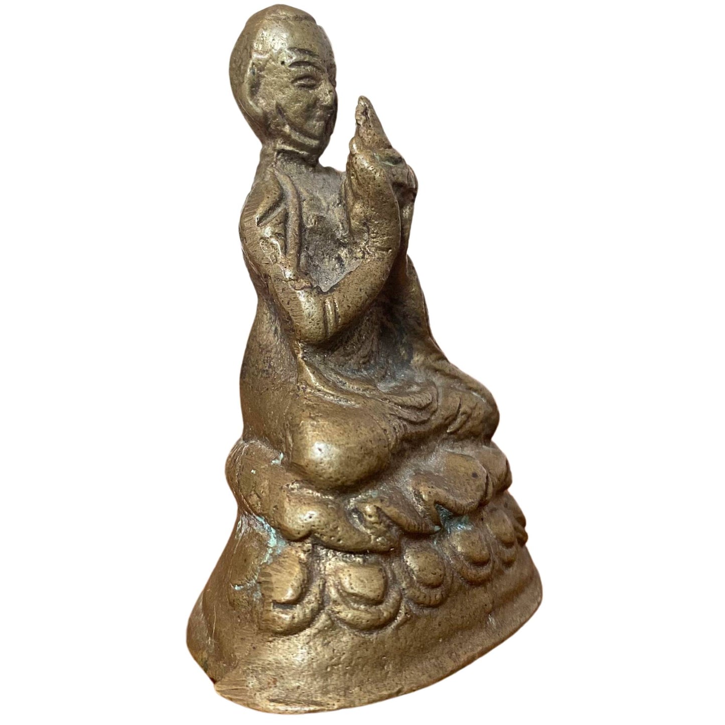 Close-up of the bronze figure with visible traces of historical fire gilding.