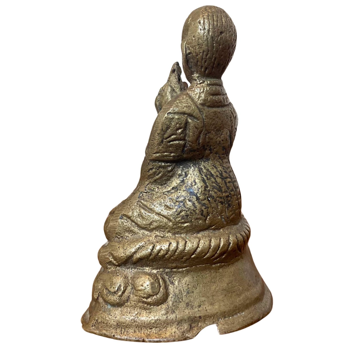 Side view shows the green mineralization and natural corrosion patterns on the antique bronze.