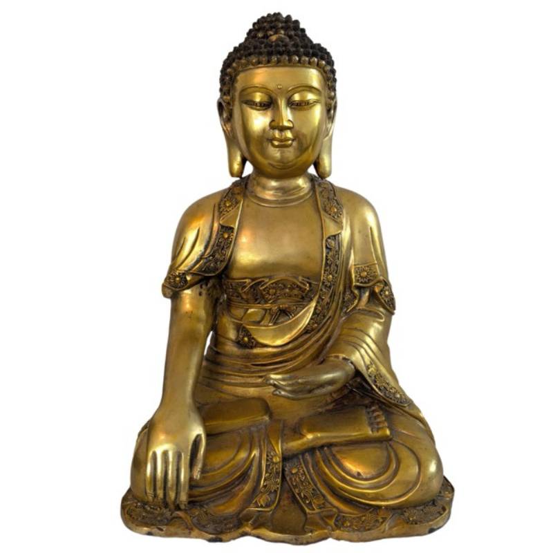 Front view of a heavy fire-gilded bronze Buddha statue in Ming style.