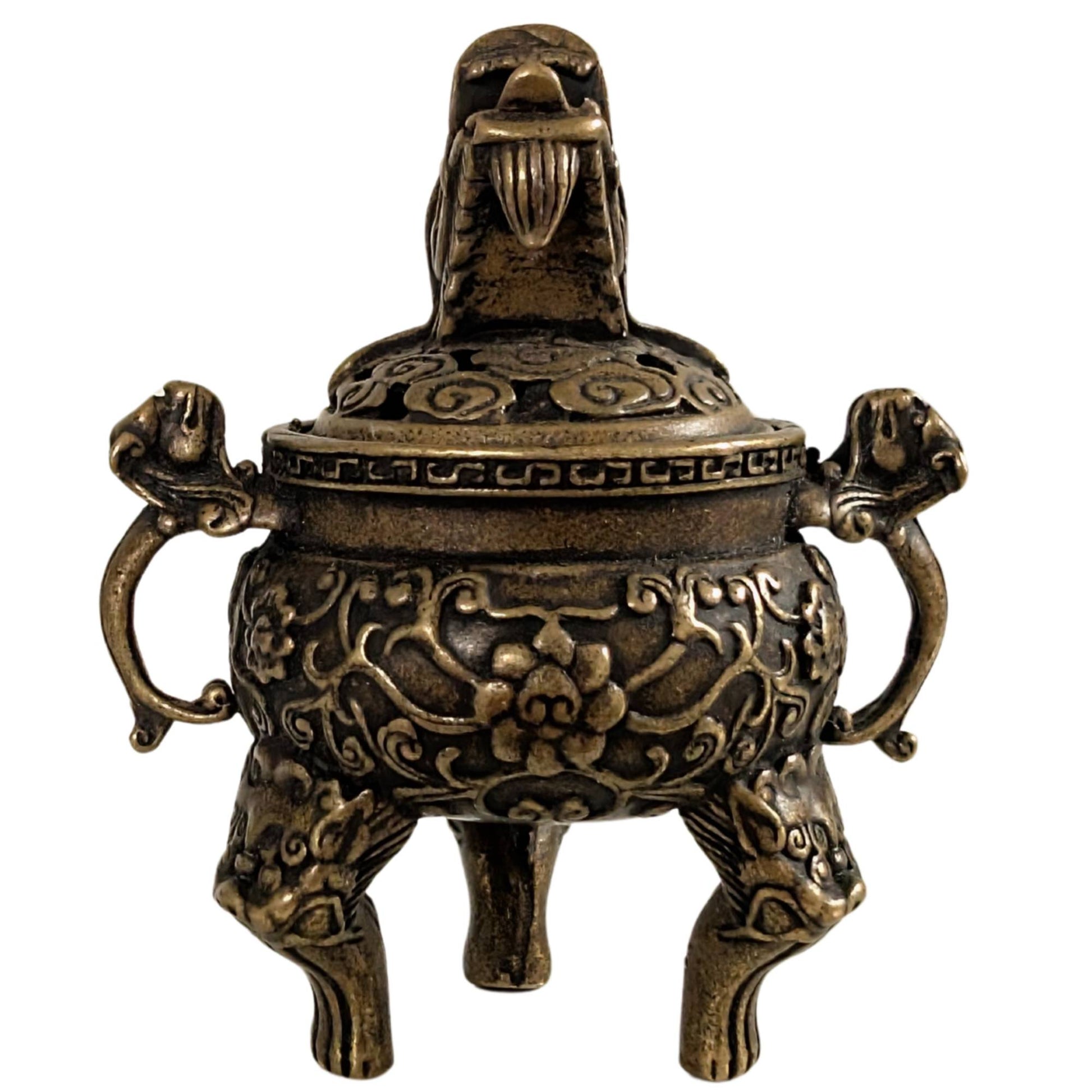 Miniature Chinese bronze incense burner with a dragon head on the lid by 1stbuddha.