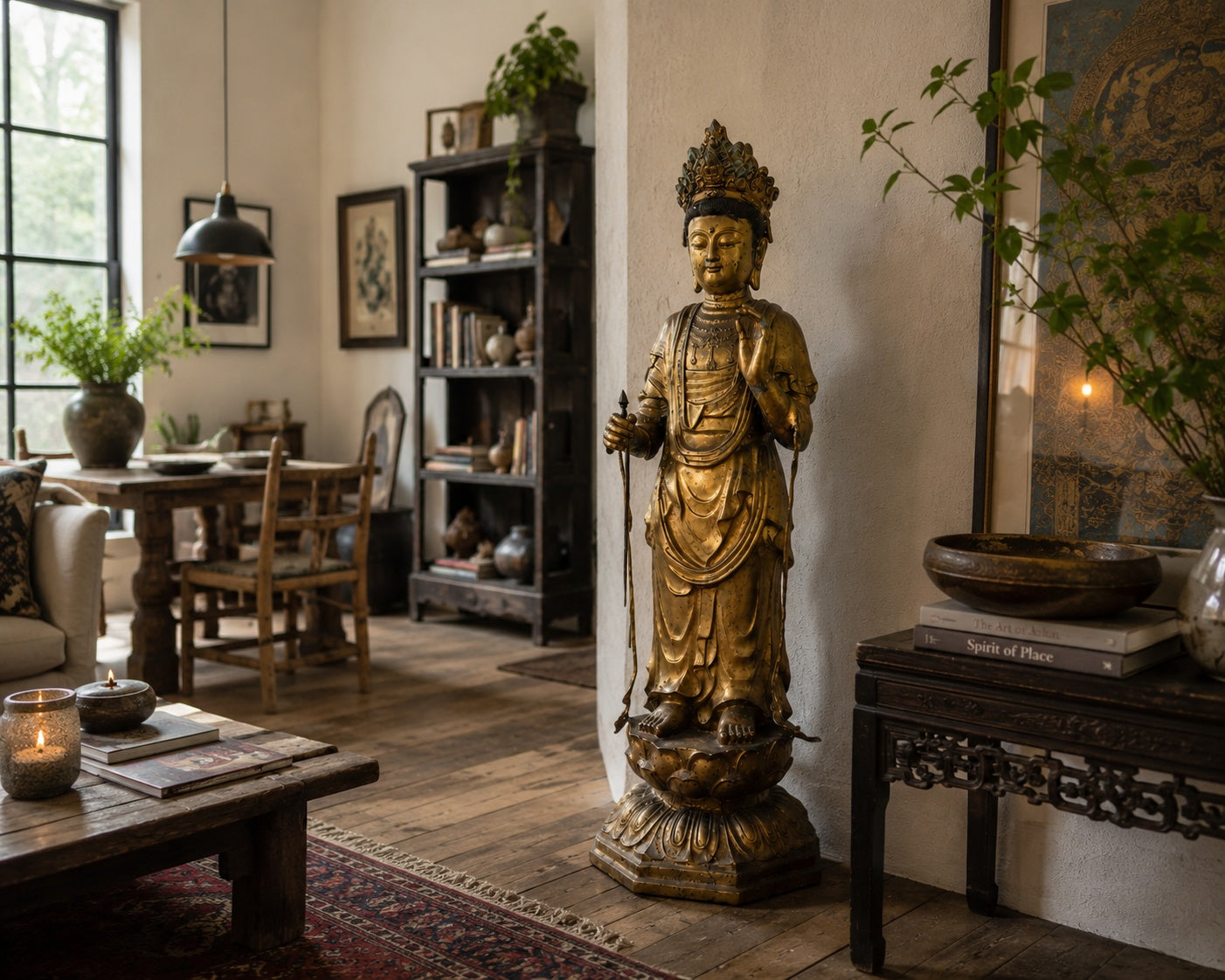 Minimalist-luxury interior setting with console table and vase, designed as the ideal context for the placement of the monumental 113 cm Japanese bronze masterpiece.
