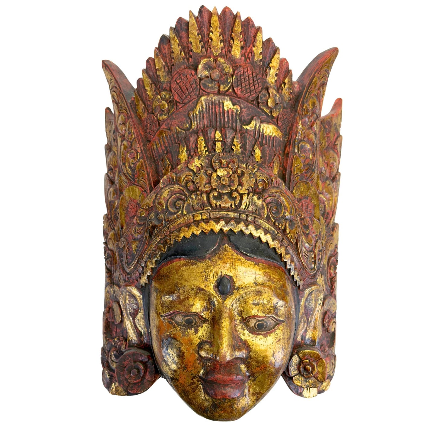Front view of the monumental Balinese Topeng mask of the goddess Dewi Sinta, hand-carved from Pule wood with authentic Prada leaf gilding and red cinnabar pigment base.