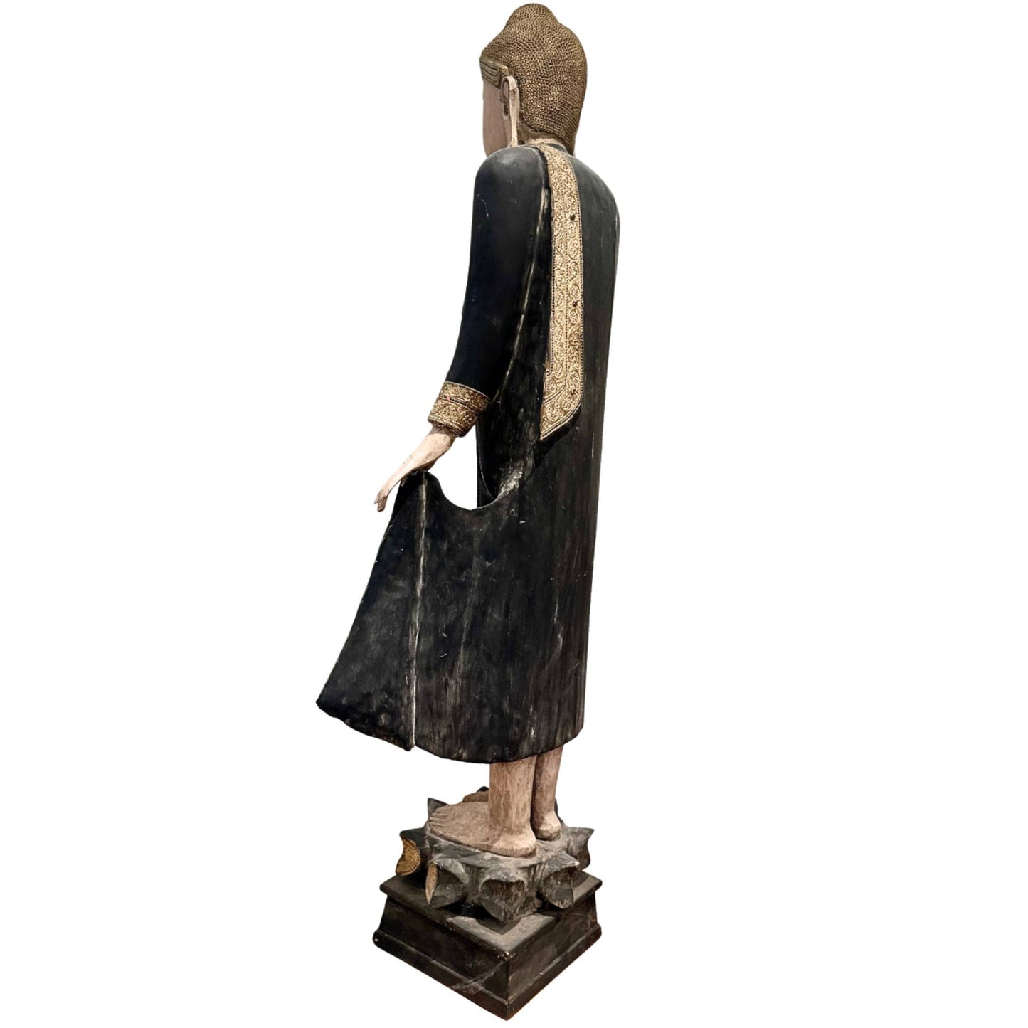 Monumental Buddha statue from Myanmar, antique standing Buddha of 190 cm with a serene facial expression