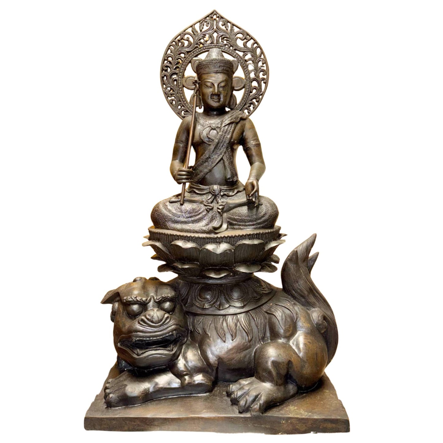 Monumental bronze Wenshu Pusa statue on a lion as a symbol of wisdom, insight, and protection
