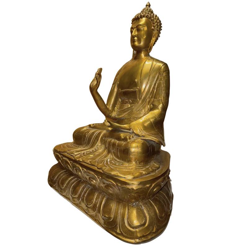 Monumental Himalayan Buddha statue with old gilded skin and a strong monastic appearance