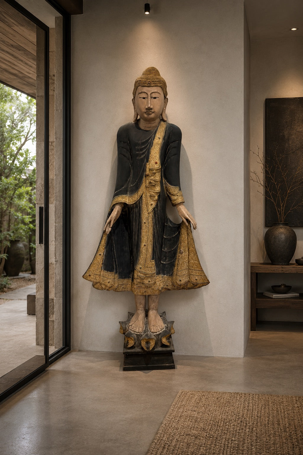 Monumental wooden Burmese Buddha, 190 cm high temple statue with old polychromy and gilded details