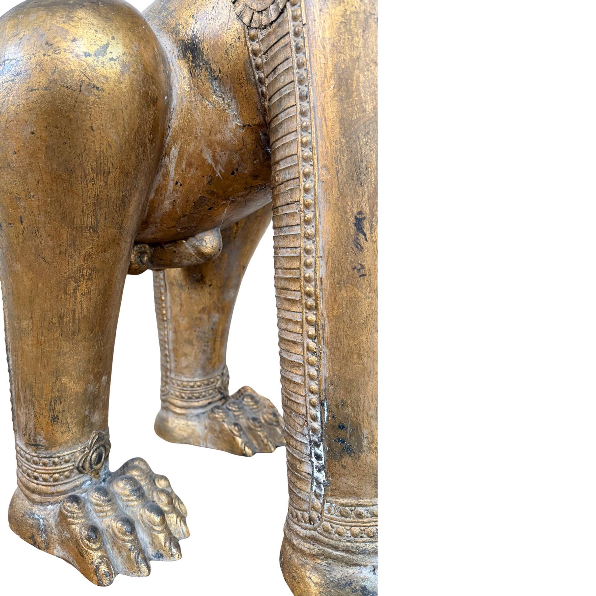 Monumental Buddhist temple lion, gilded Singha from Thailand with powerful ritual protective function