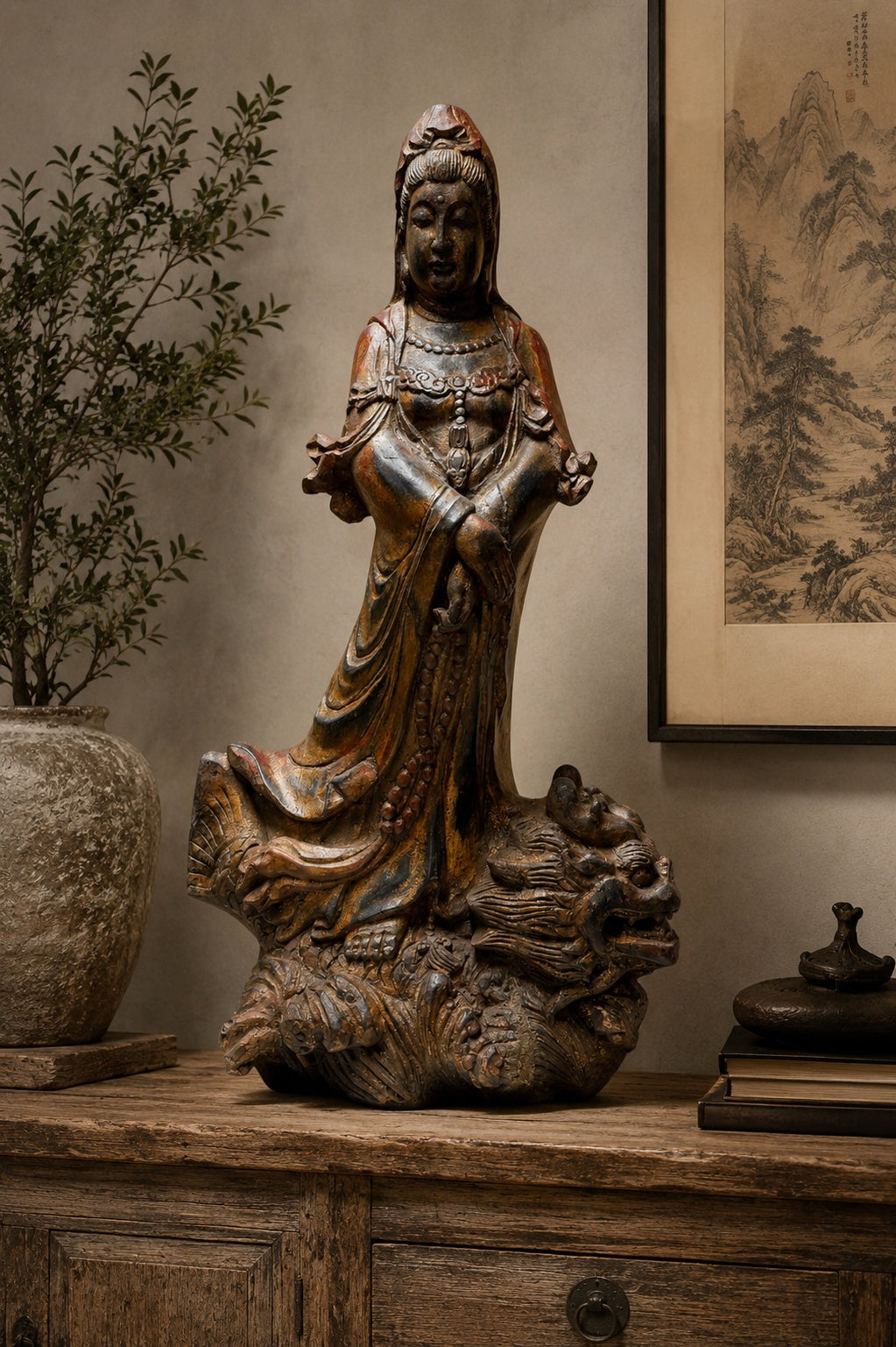 Monumental wooden sculpture Kwanyin polychrome wood 81cm