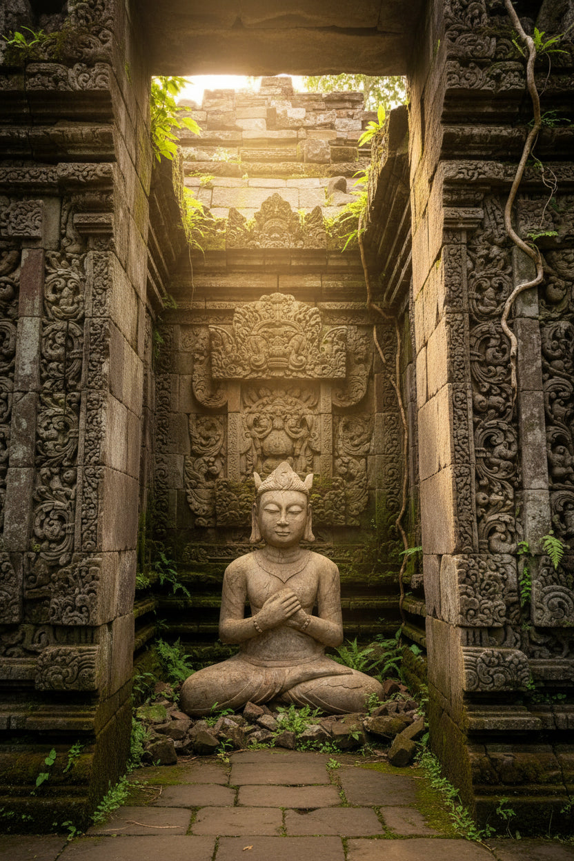 Monumental Indonesian temple figure in natural stone with a spiritual aura