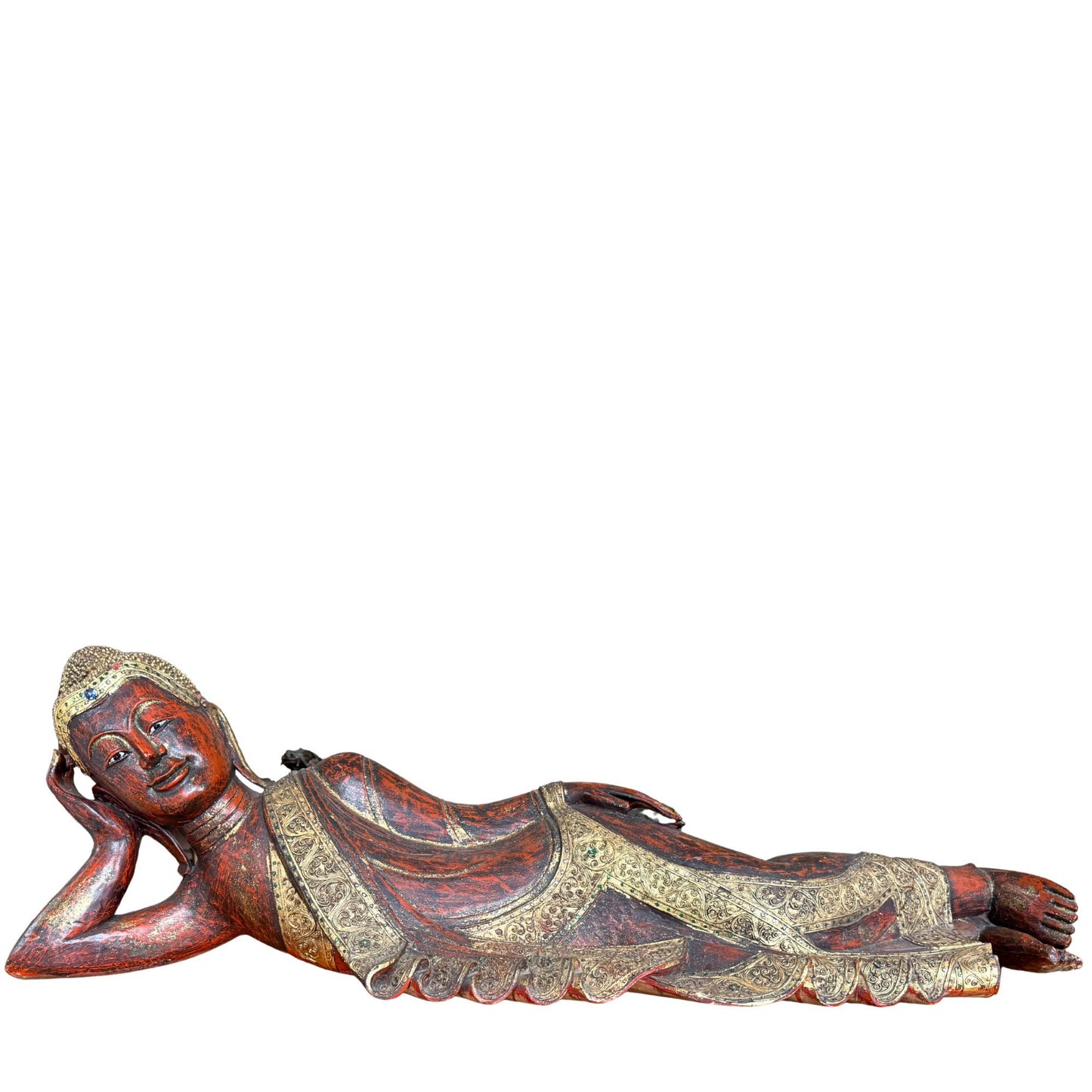 Monumental hand-carved wooden statue of a reclining Burmese Buddha, 160 cm long