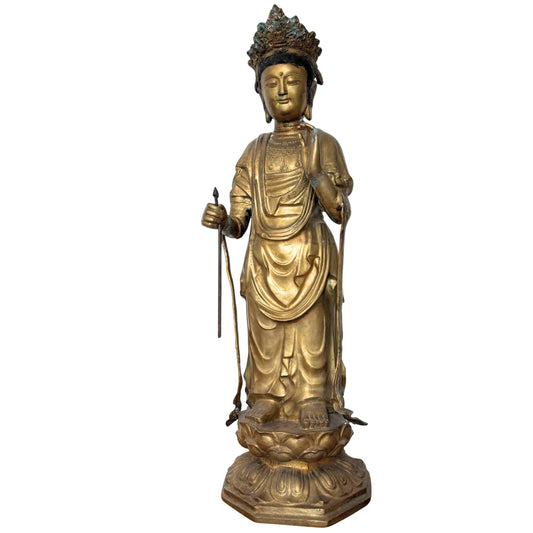 Monumentaal 113cm Japans Sho-Kannon tempelbeeld uit de Edo-periode, voorzijde.