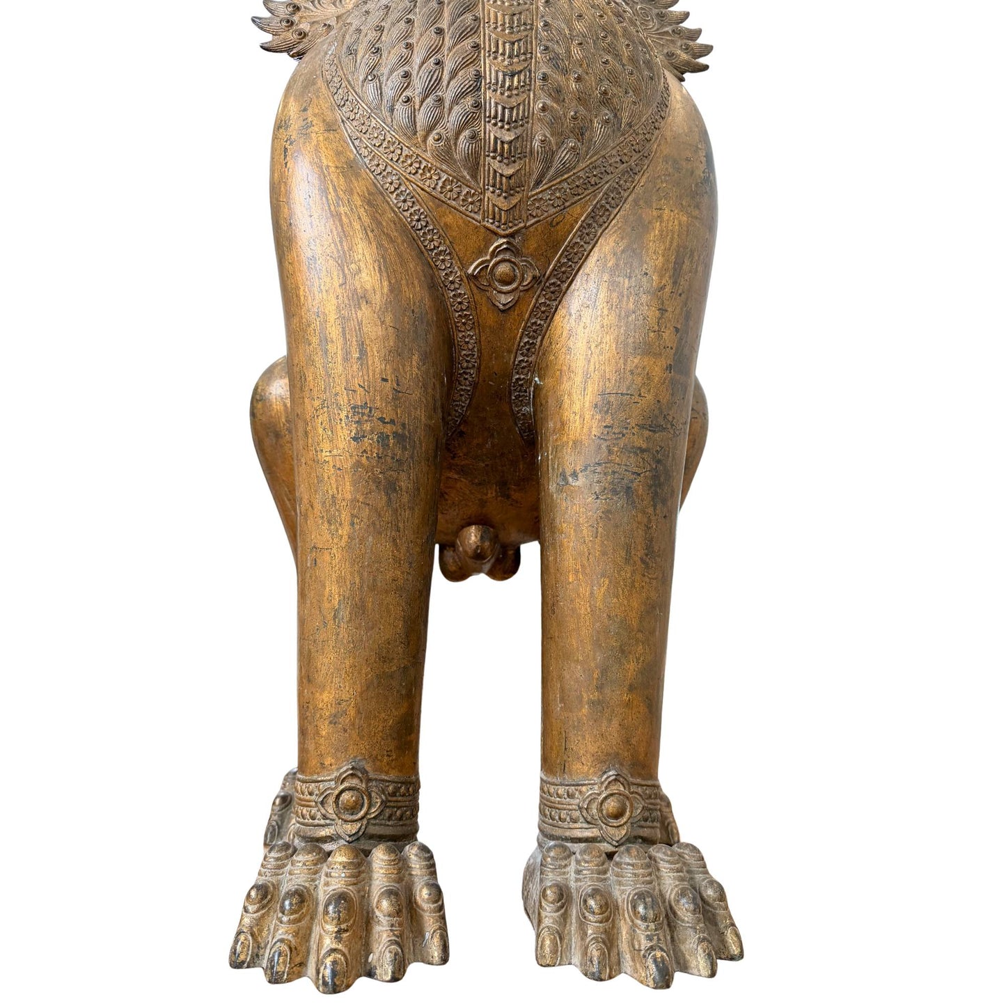 Monumental Singha lion from Thailand, antique gilded temple guardian with rare ritual form