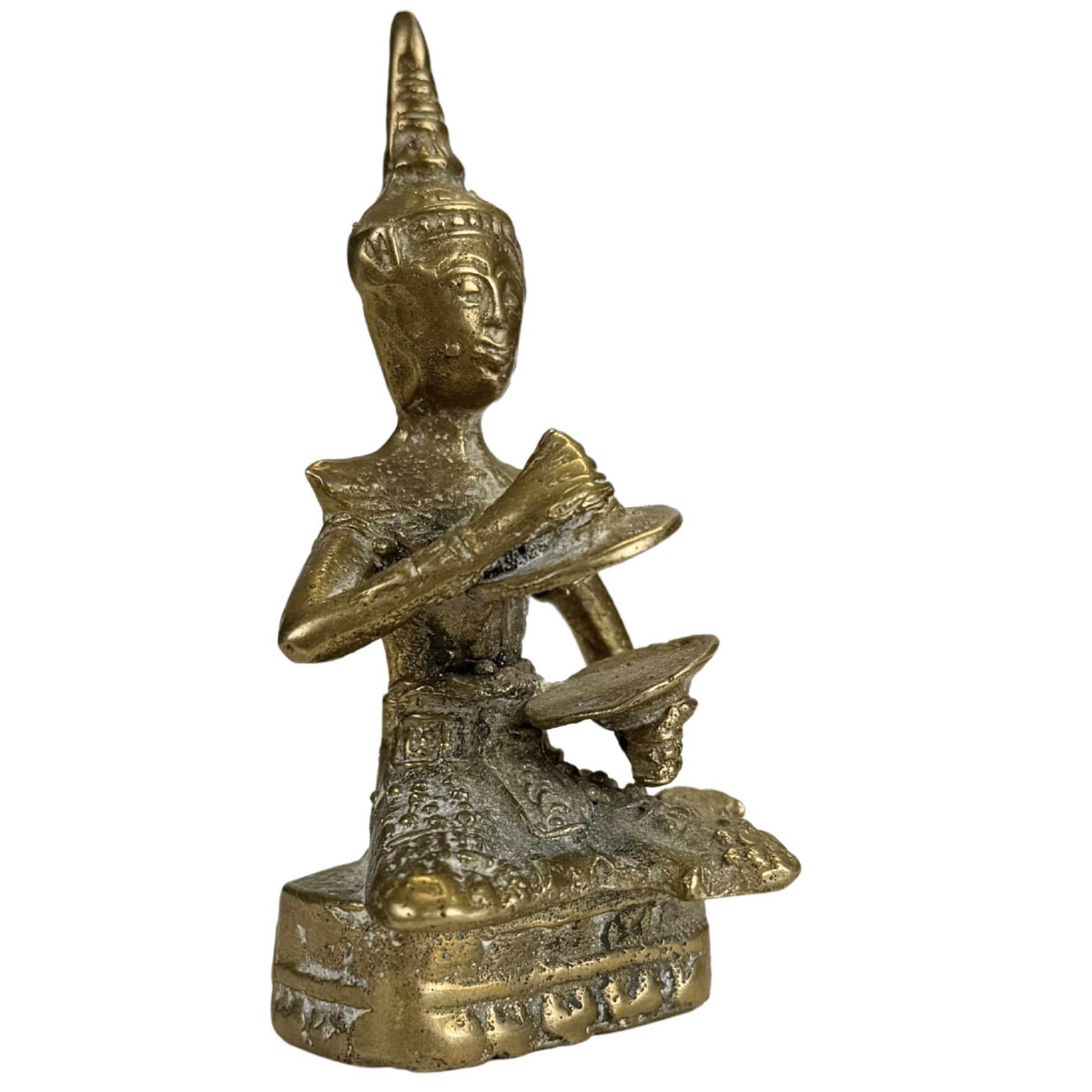 Small Thai bronze musician figure with traditional instrument