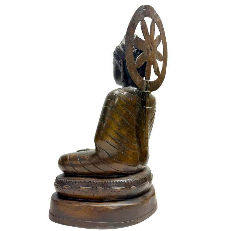 Myanmar Buddha Dharma Chakra Mudra bronze statue with wheel teaching symbolism