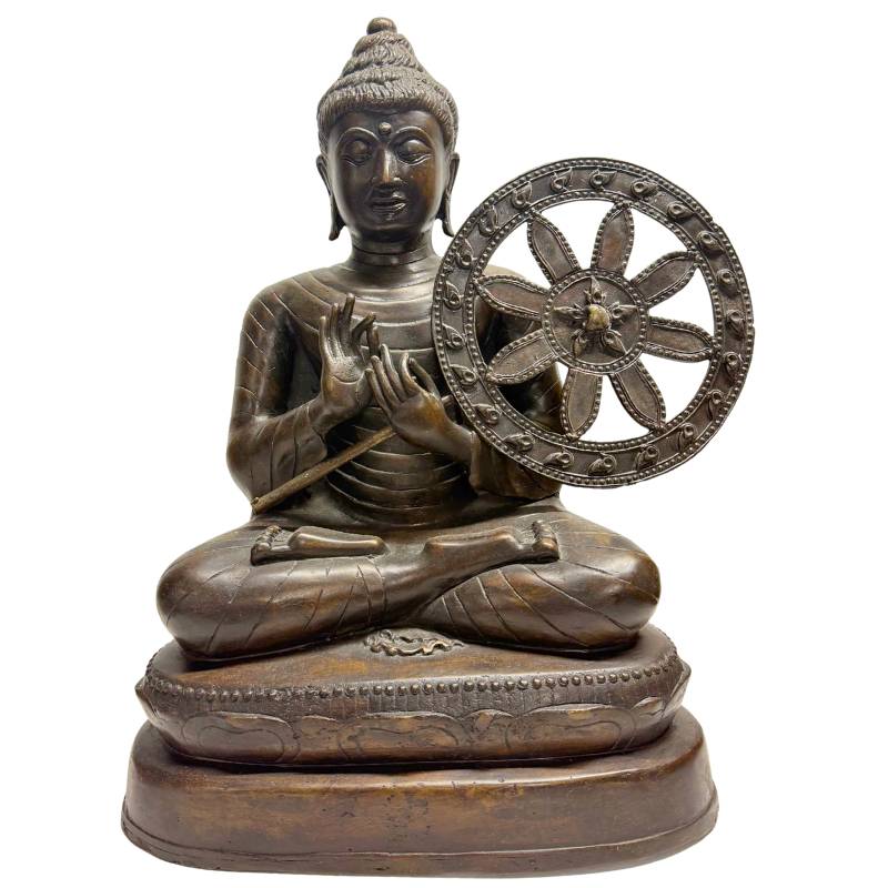 Myanmar Buddha Dharma Chakra Mudra bronze statue with wheel detail teaching posture