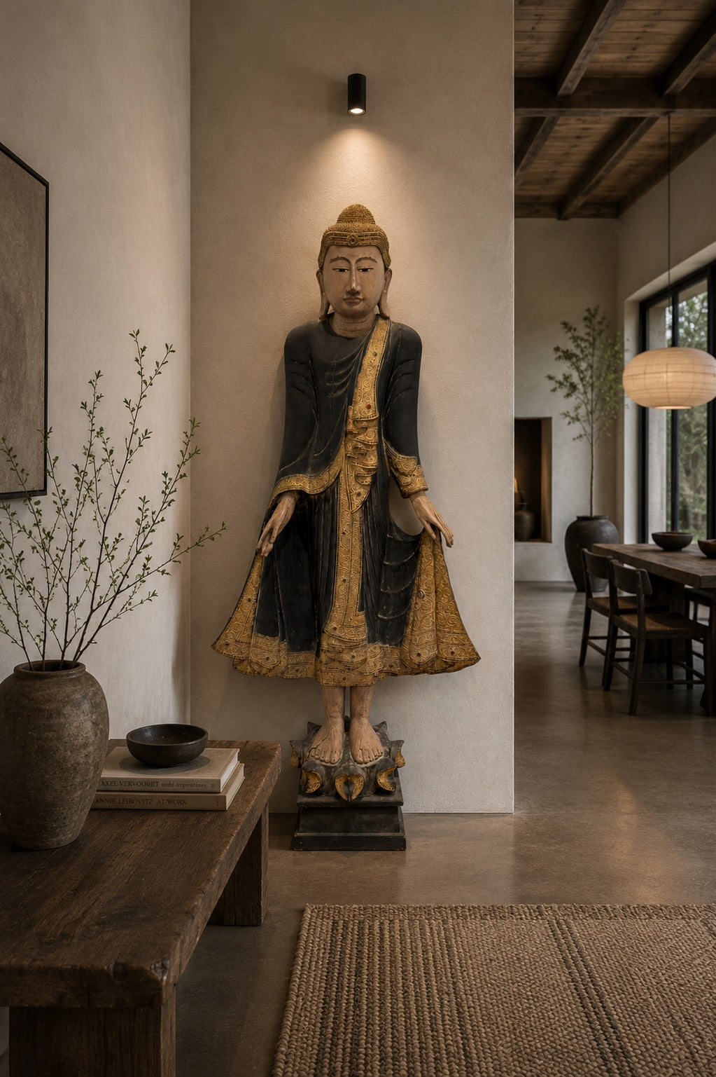 Myanmar Buddha with old polychromy, monumental 19th-century wooden temple statue with authentic signs of use