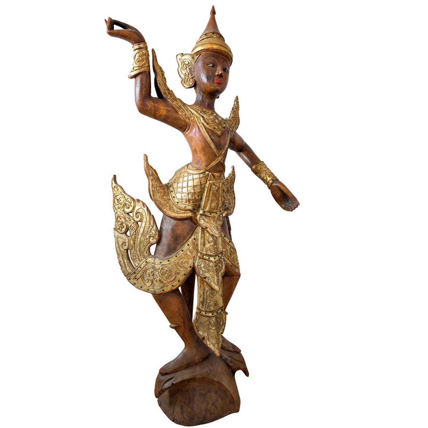 Burmese mythological dancer with gold leaf and inlaid glass.