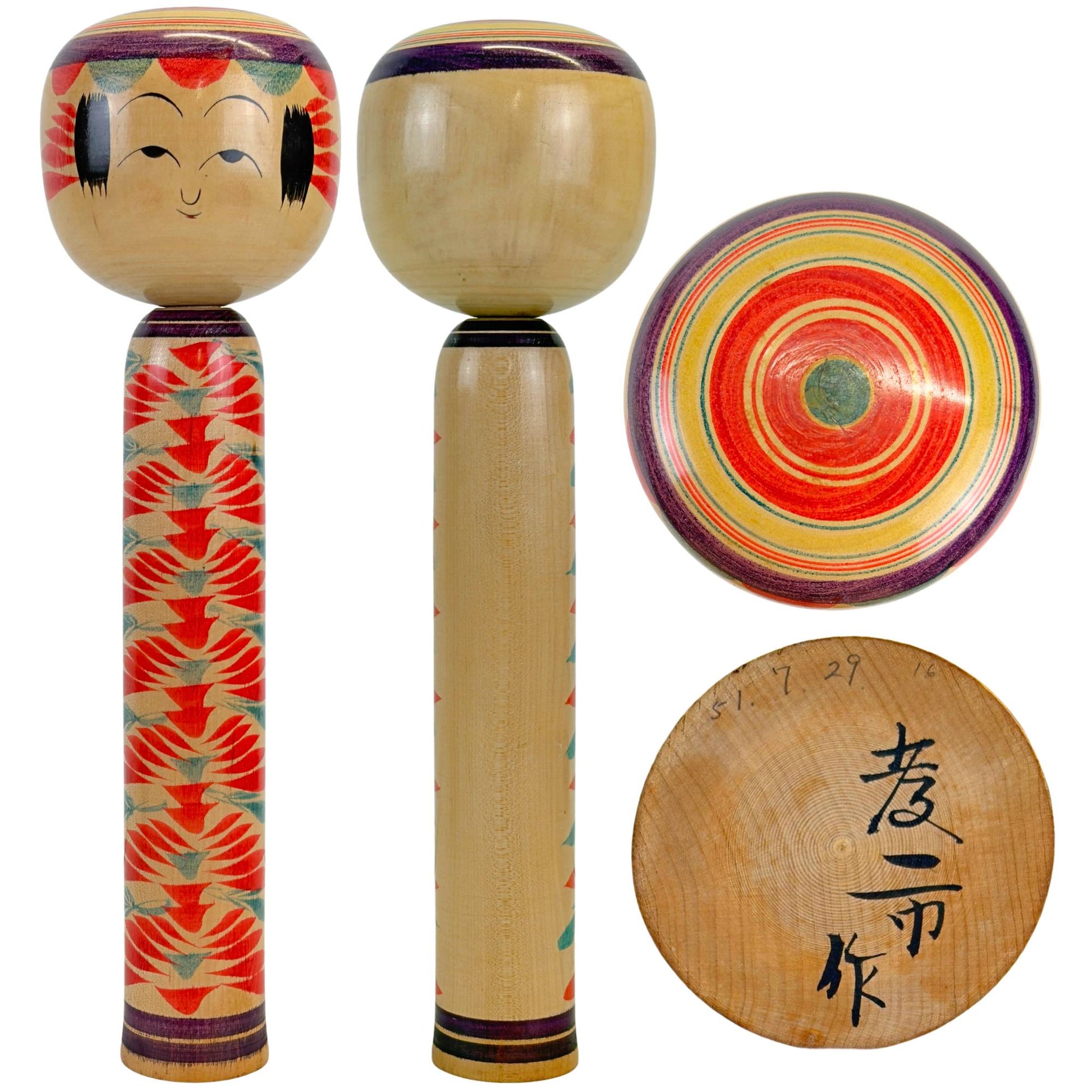 Kokeshi Naruko traditionnel de Hikoji Sato avec vues de face, de dos, de dessus et de dessous.