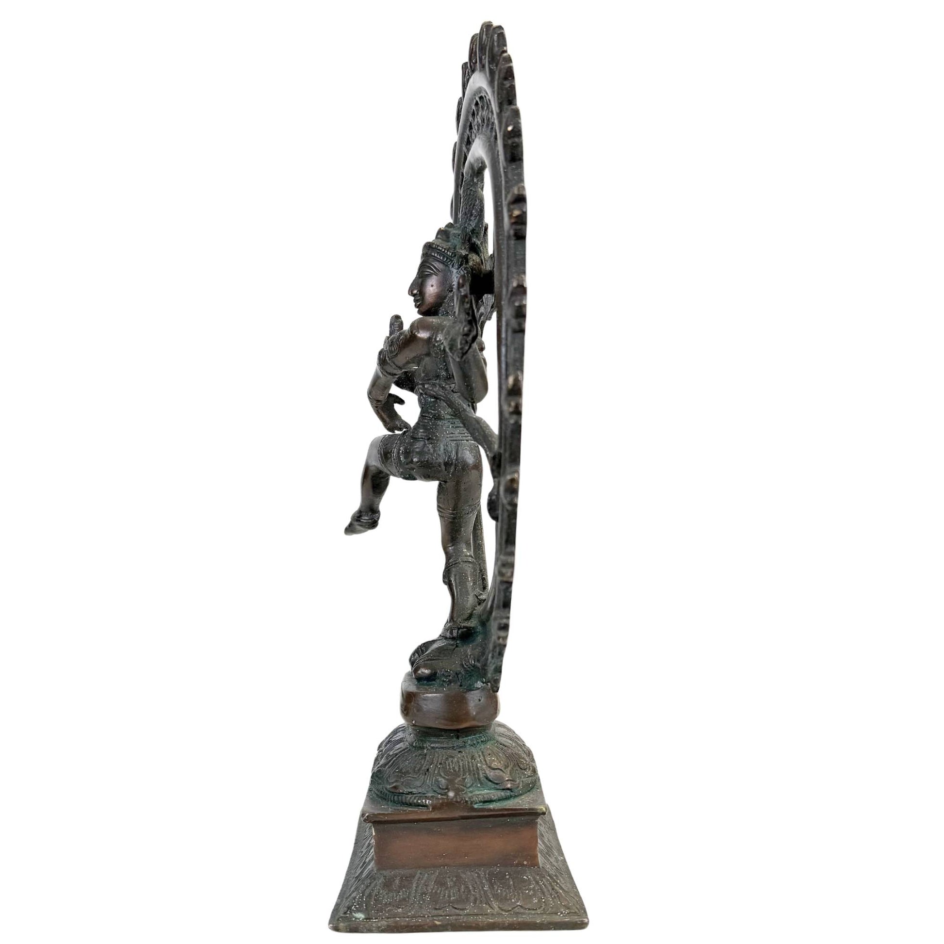 Nataraja temple statue of bronze with finely engraved details, expressive face, and traditional South Indian style