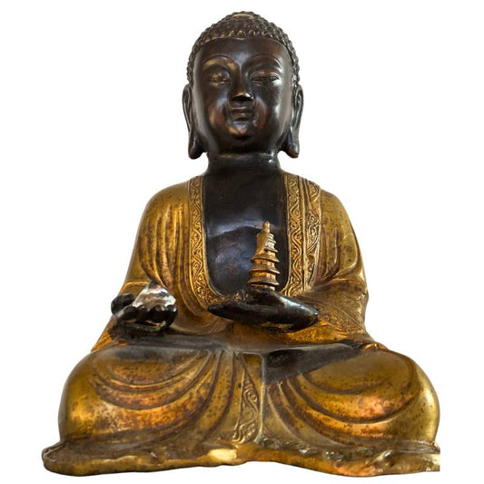 Nepal bronze Amitabha Buddha with stupa and crystal in meditation posture