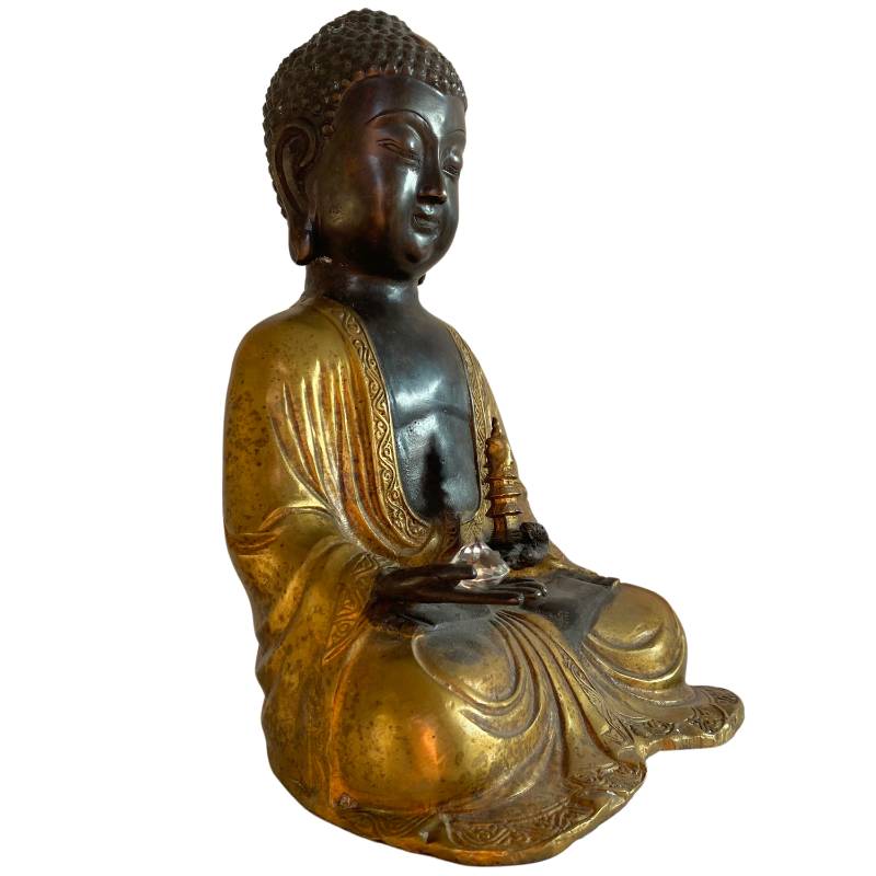 Nepal bronze Buddha with gilding and patina detail in meditation pose
