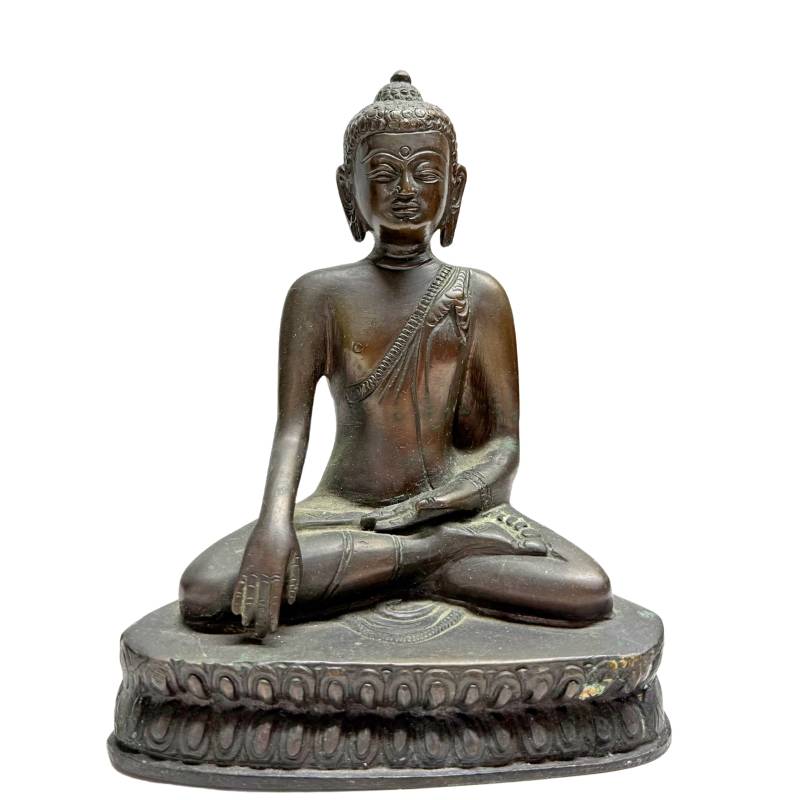 Bronze Shakyamuni Buddha statue from Nepal with Bhumisparsha mudra on a lotus base