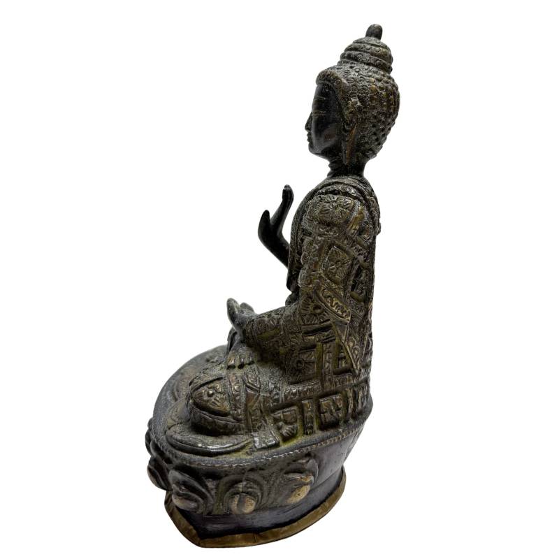 Nepalese bronze Buddha pair with abhaya mudra and ormolu surface