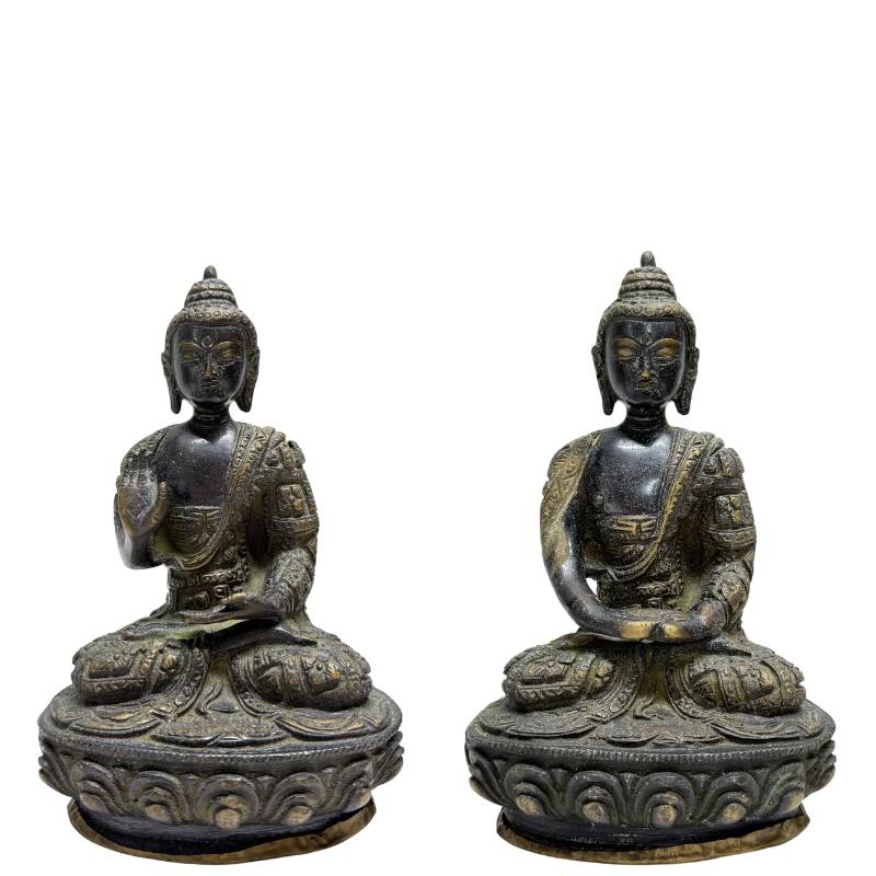 Nepalese fire-gilded bronze Buddha pair in Newar style with abhaya mudra