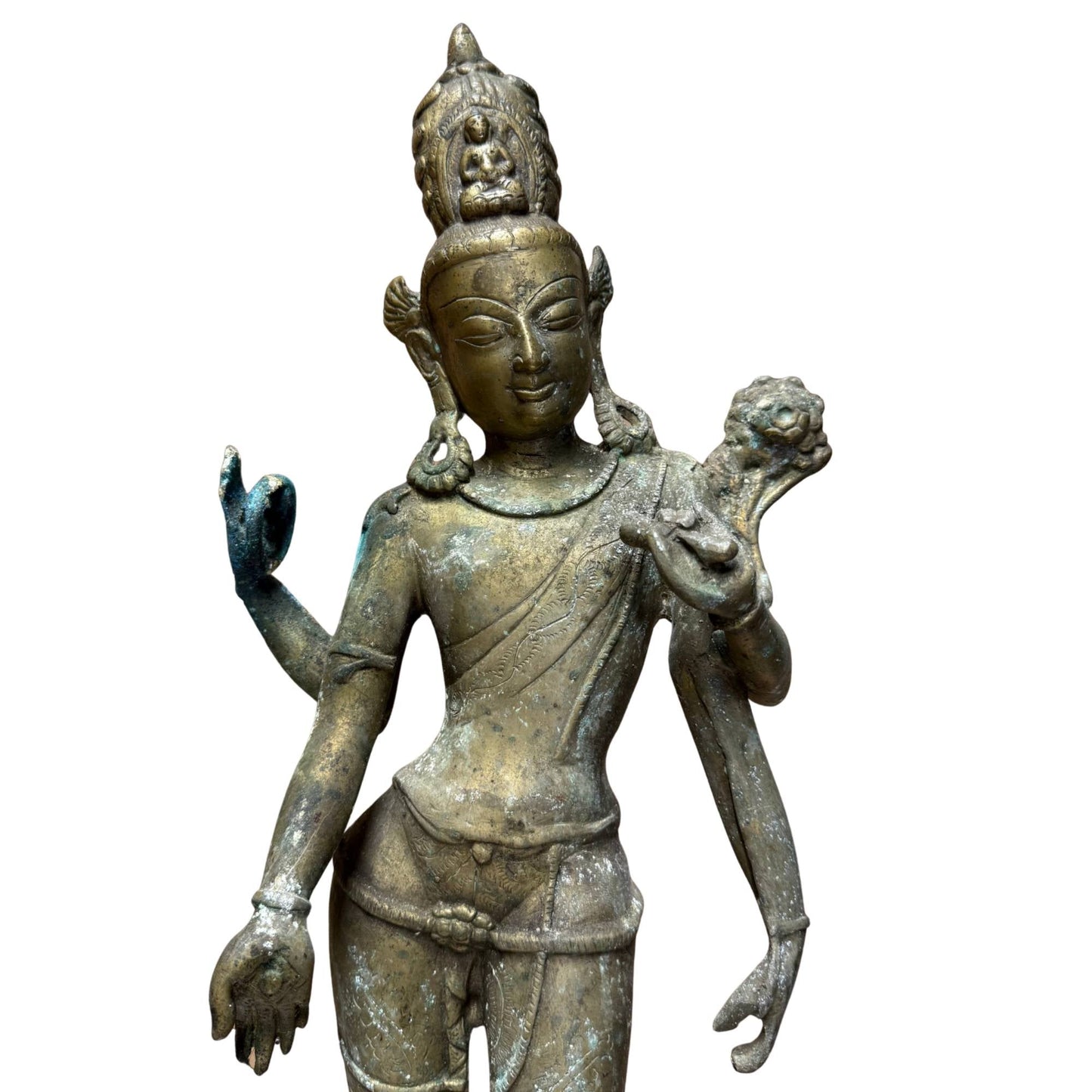 Detail of Nepalese four-armed Avalokiteshvara in fire-gilt bronze, 17th century – upper body and crown