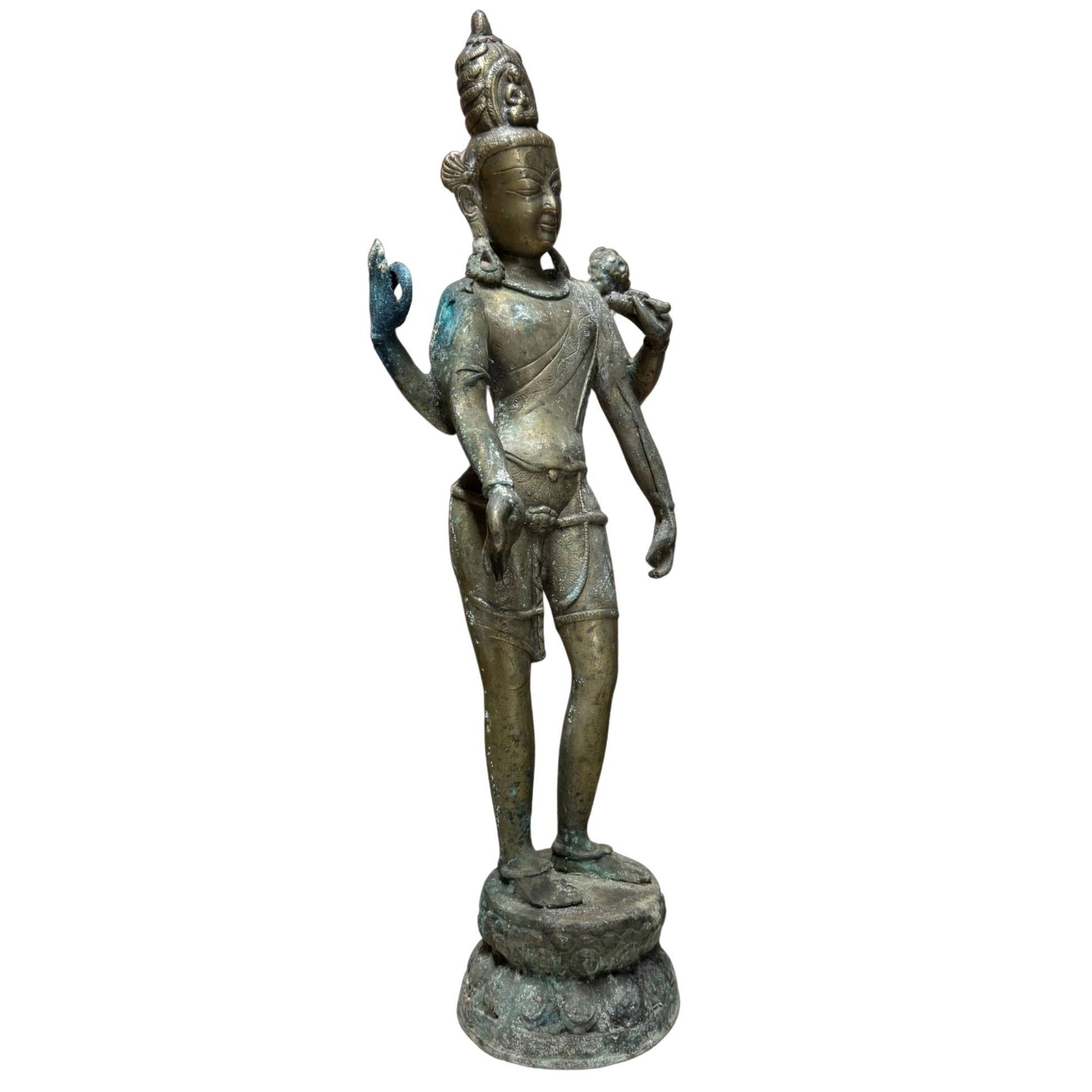 Nepalese four-armed Avalokiteshvara in fire-gilt bronze, 17th century – three-quarter left view