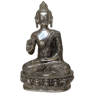 Bouddha népalais en alliage de cuivre argenté, mudra Abhaya