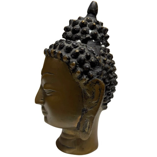 Devotional Buddha head from Nepal, bronze casting with original fire gilding