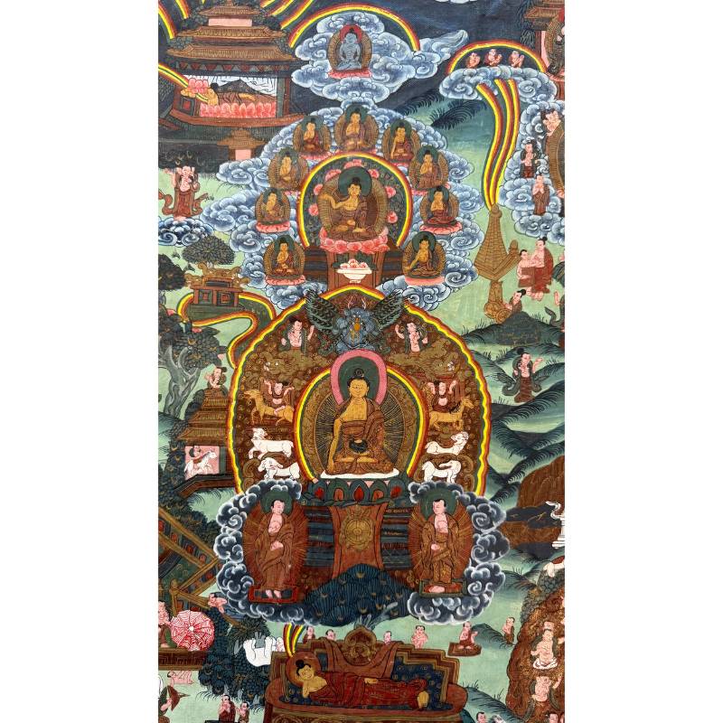 Detail of Buddha in meditation on an old Nepalese thangka