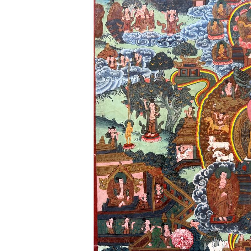 Buddha surrounded by disciples on a narrative Nepalese thangka