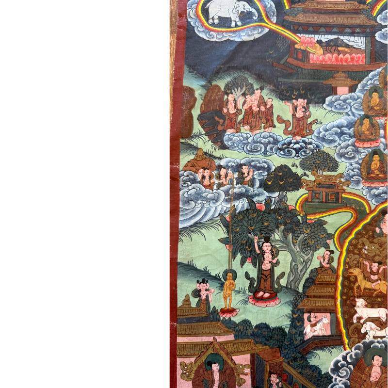 Spiritual figures in a mountain landscape on a Nepalese thangka