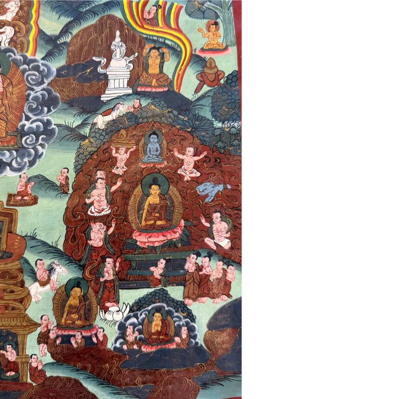 Heavenly figures and cloud motifs on an old Nepalese thangka