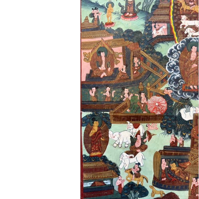 Narrative scenes with monks and temples on a Nepalese thangka