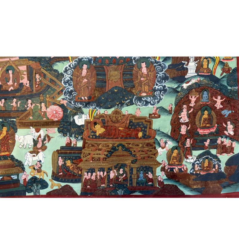 Symbolic scene from Buddhist life on a Nepalese thangka