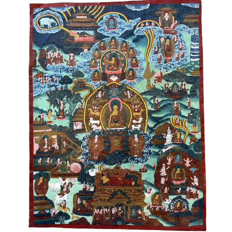 Old Nepalese thangka with narrative Buddha scenes and figures