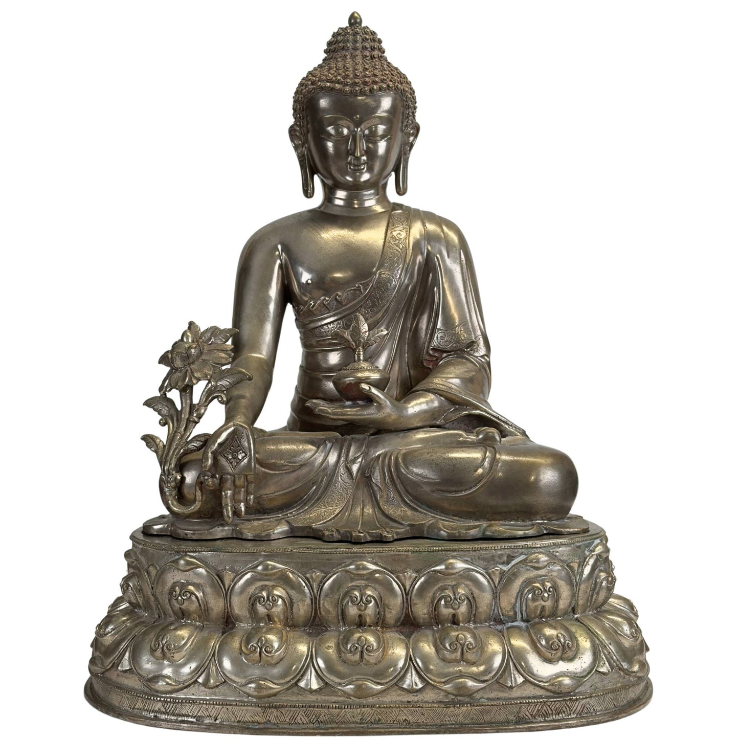 Antique Newar Bhaisajyaguru Medicine Buddha of silver-plated bronze on a double lotus throne, front view.
