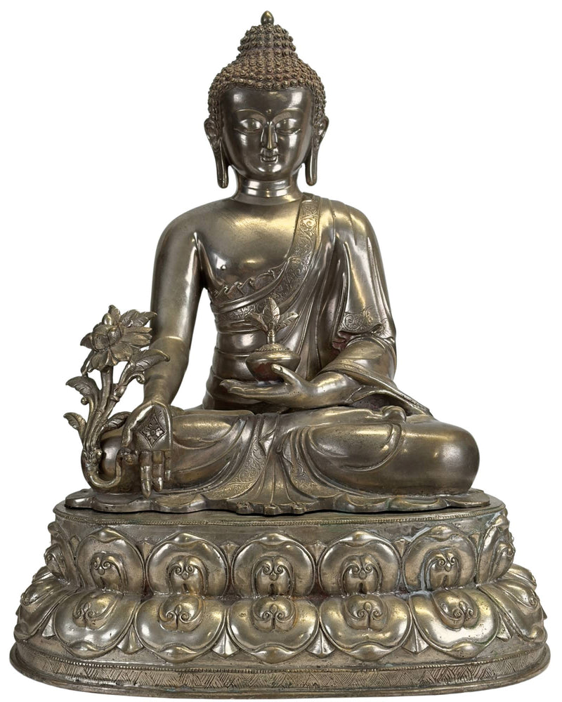 Monumental Silvered Bronze Bhaisajyaguru (Medicine Buddha), Newar Tradition, Kathmandu Valley for Tibet, ca. 1450–1600