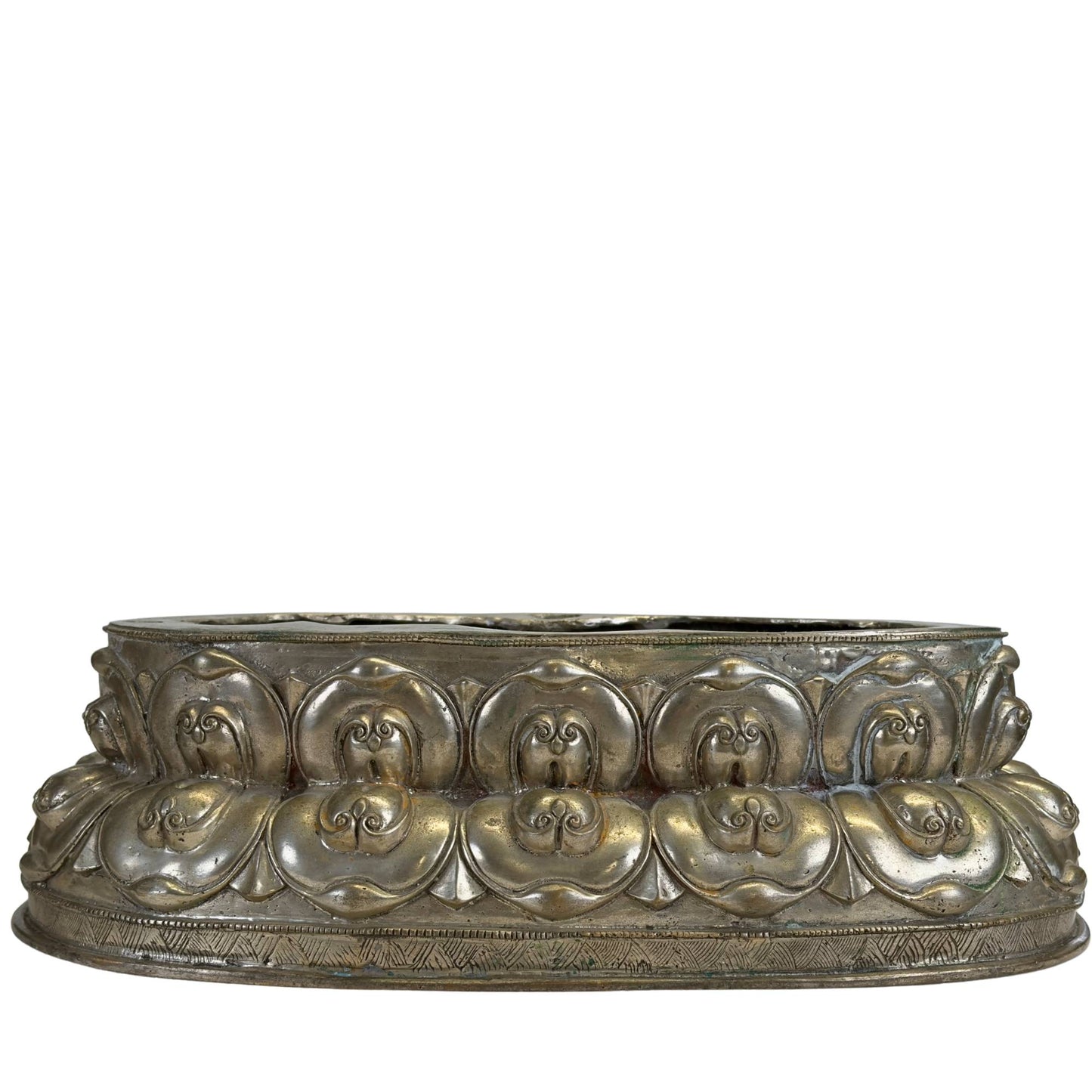 Double Newar lotus throne with richly chased lotus leaves and silver-plated finish.